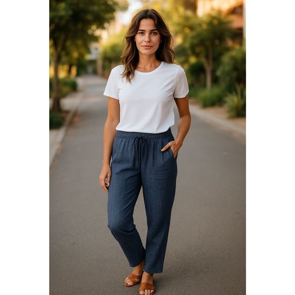 Womens Pure J Jill L Linen Pants Garment Cropped Blue Straight Leg Drawstring - Picture 1 of 7